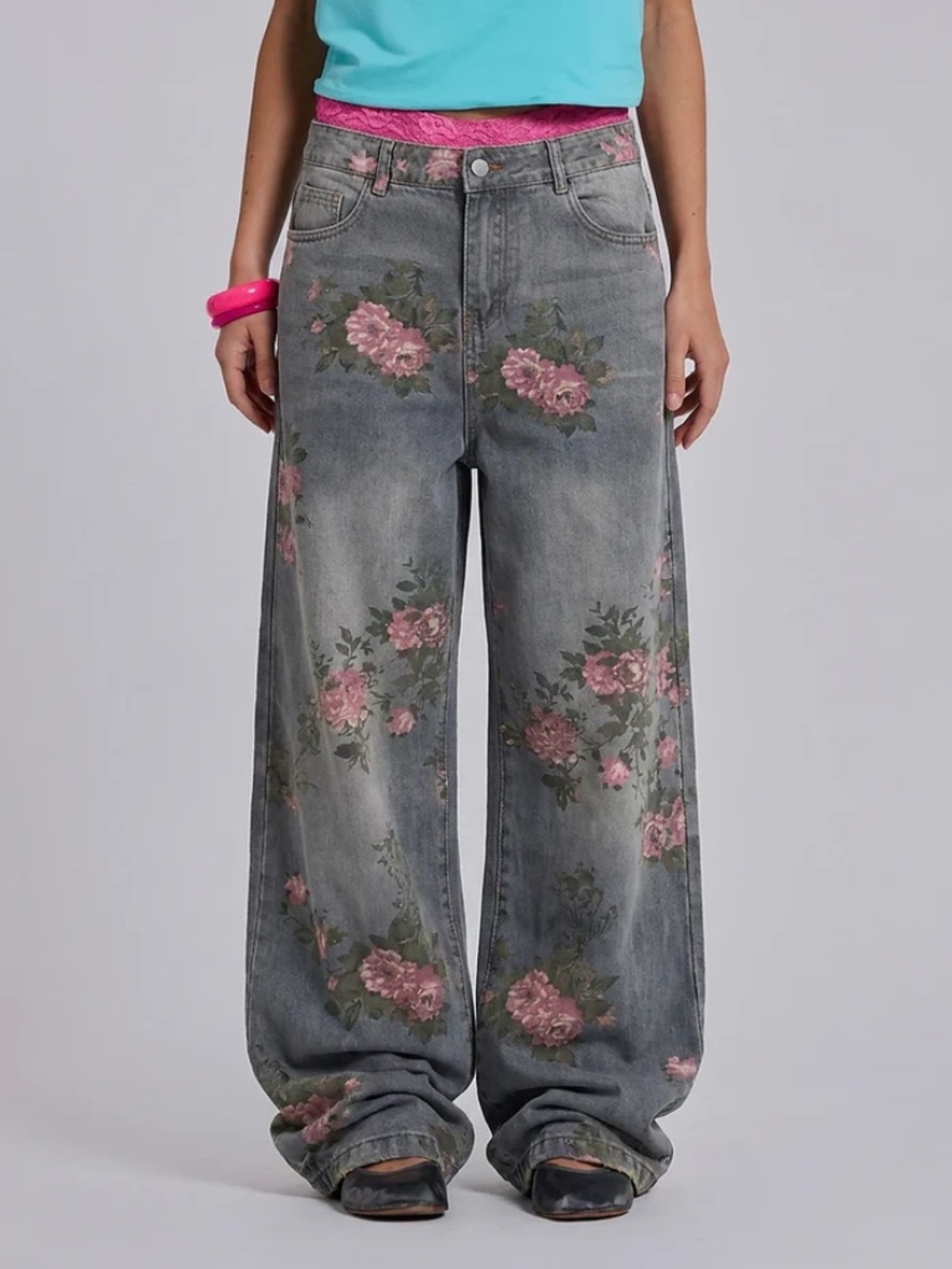 Y2K Washed Blue Floral Baggy Wide Leg Jeans M